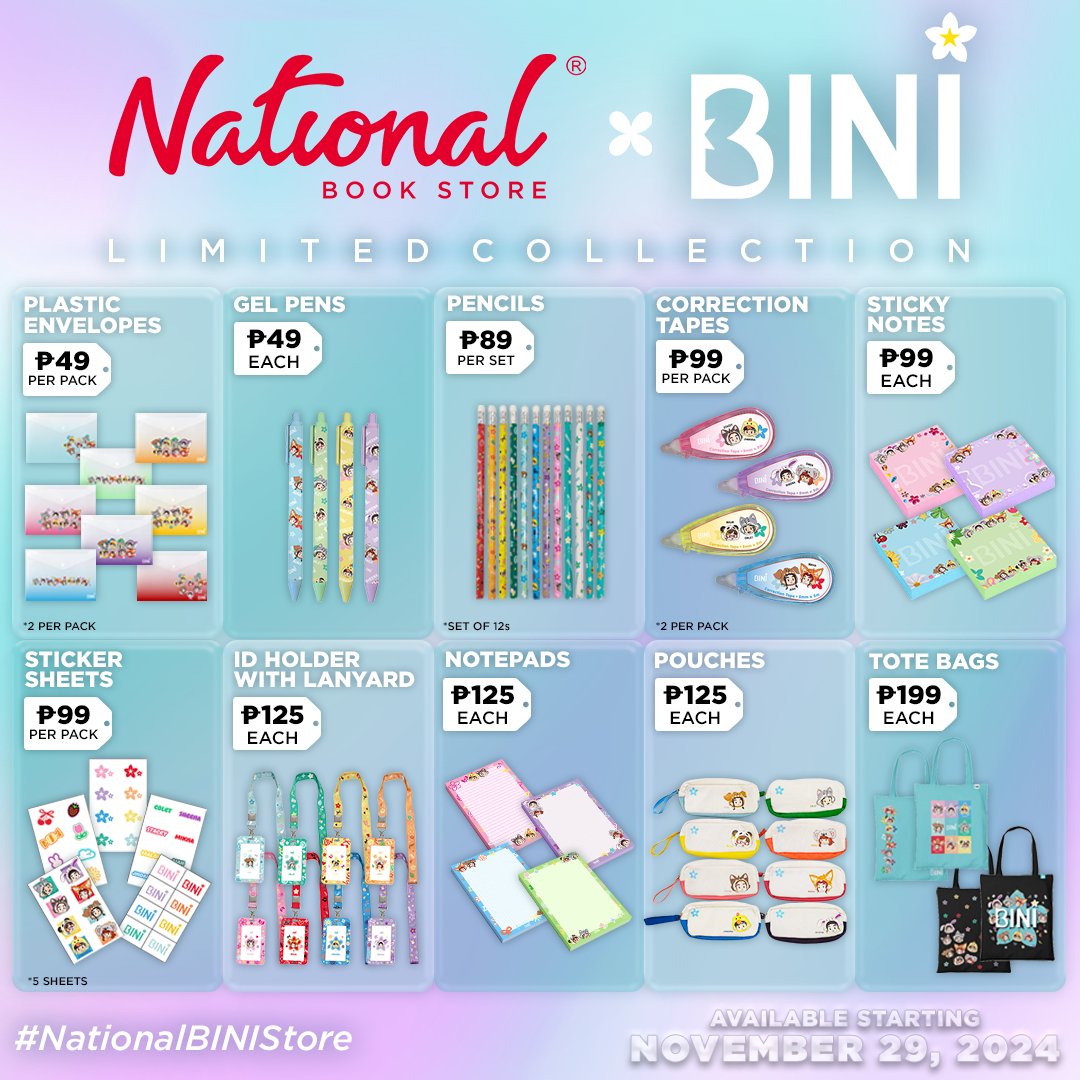 nbsalert's tweet photo. Get ready to add to cart, Blooms! 🌸 The NBS x BINI Limited Collection will be available at #NationalBookStore on Shopee starting at 9:00 AM this Friday, November 29, 2024!

Collect them all, with items starting for as low as ₱49 each: https://t.co/v5dNMwJw9L 🔗 https://t.co/9vsutYwKtk
