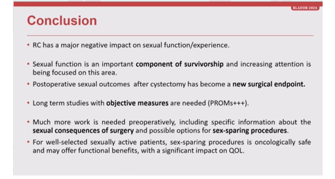 Dra. María Natalia Gandur Quiroga (@nataliagandur) on Twitter photo 💫🌟📢 The impact of radical cystectomy (RC) on sexual health & QoL🌟💫
Presenter: <a href="/PignotG/">Pignot Géraldine</a> | Moderator: <a href="/CLebacle/">Cédric Lebâcle</a>
#BLADDR24 <a href="/OncoAlert/">OncoAlert</a> <a href="/mirrorsmed/">Mirrors of Medicine</a>
🔍 Key Points:
🟠RC impacts sexual function significantly. Yet, 41.2% of urologists avoid discussing sexual outcomes with 💫🌟📢 The impact of radical cystectomy (RC) on sexual health & QoL🌟💫
Presenter: <a href="/PignotG/">Pignot Géraldine</a> | Moderator: <a href="/CLebacle/">Cédric Lebâcle</a>
#BLADDR24 <a href="/OncoAlert/">OncoAlert</a> <a href="/mirrorsmed/">Mirrors of Medicine</a>
🔍 Key Points:
🟠RC impacts sexual function significantly. Yet, 41.2% of urologists avoid discussing sexual outcomes with