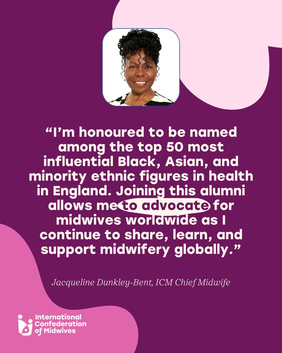 International Confederation of Midwives (@world_midwives) on Twitter photo π Congrats to <a href="/dunkleybent/">Professor Jacqueline Dunkley-Bent OBE</a> , ICM Chief Midwife, for being named among the "50 Most Influential Black, Asian, and Minority Ethnic People in Health"! Her dedication to advancing midwifery and health equity is inspiring. ππ½
Learn more: zurl.co/4mSR π Congrats to <a href="/dunkleybent/">Professor Jacqueline Dunkley-Bent OBE</a> , ICM Chief Midwife, for being named among the "50 Most Influential Black, Asian, and Minority Ethnic People in Health"! Her dedication to advancing midwifery and health equity is inspiring. ππ½
Learn more: zurl.co/4mSR