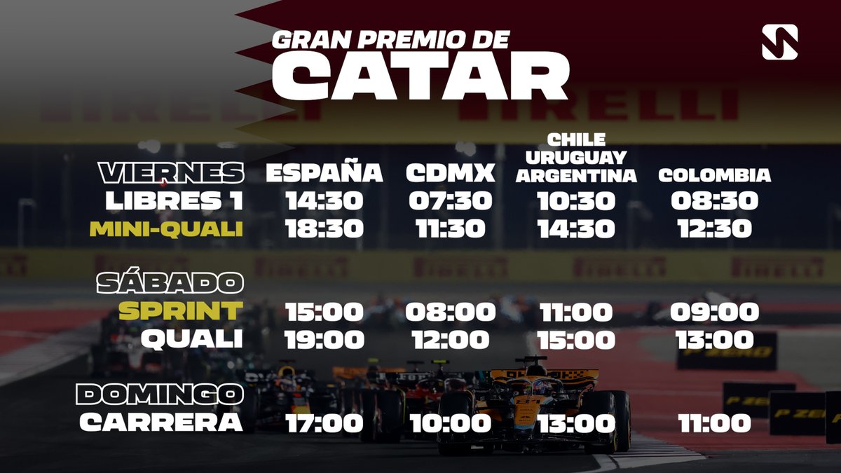 🏁 H O R A R I O S 🏁

Mañana arranca la acción del Gran Premio de Catar 🇶🇦. El Mundial de Pilotos ya está decidido, pero el de Constructores aun está en juego.

⚠️ Último finde de F1 Sprint. Y ojo, que los horarios son peculiares.

Comparte los horarios, salva una vida.