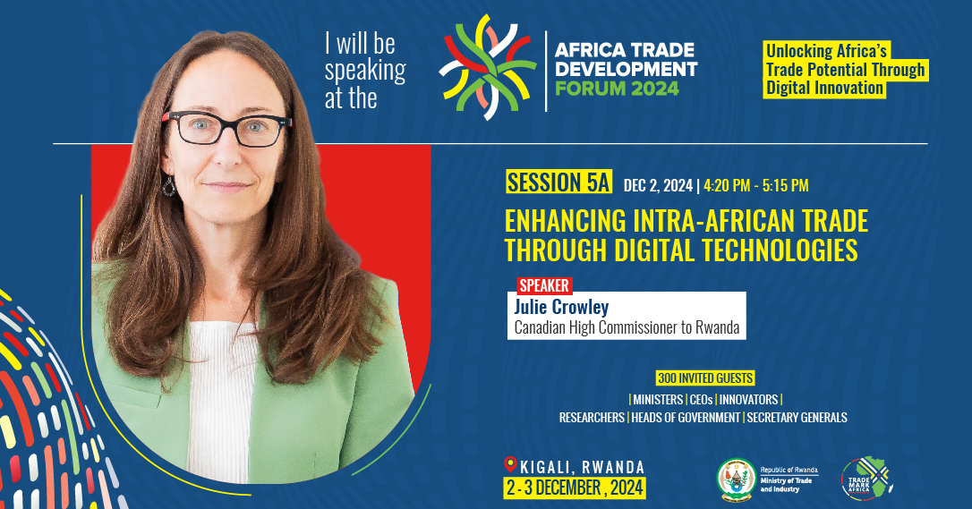 TradeMarkAfrica's tweet photo. The Africa Trade Development Forum #atdf24 is fast approaching. We are excited to welcome you all to listen to and contribute to conversations driving digital trade and improving the investment environment in Africa. 

@crowley_julie, Canada’s High Commissioner to Rwanda, will be among the many thought leaders, trade experts, innovators, researchers, and innovators that will explore how digital technologies are revolutionising trade across Africa—from streamlining customs processes to connecting rural producers with global markets, digital tools are transforming the continent’s trade ecosystem. The insights will spotlight the bold innovations that are driving growth and creating opportunities for all. Join us by signing up for accreditation here: https://t.co/9niUMpsZ4G

#OneAfricaOneMarket #DigitalTrust #trustintrade #ecommerce #newfundingmodels #thefutureforpolicy #DigitalTrust #drivinginclusion #Sustainability #DigitalAfrica
@GAC_Corporate @GlblCtzn @ODI_Global