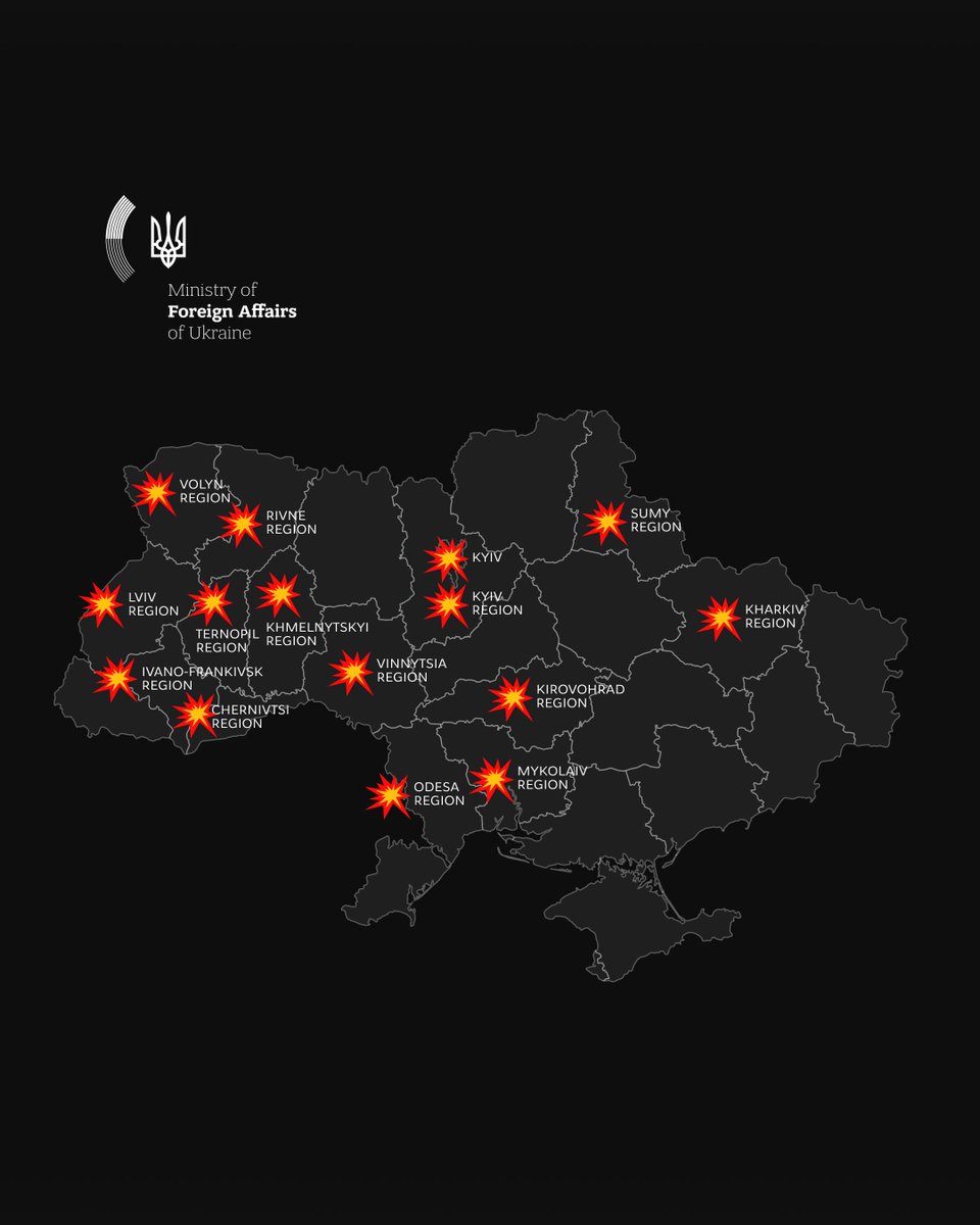 MFA_Ukraine's tweet photo. This many regions in Ukraine were targeted by Russia's massive combined attack tonight, on November 28. It was almost the entire country. 

Russia's terror knows no borders. Its only limit is the one we can set together — by forcing Russia to peace through strength. https://t.co/7qfT8vabXq