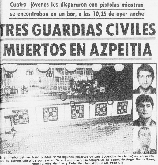 #TalDiaComoHoy de 1979 en un bar de #Azpeitia cenaban tres <a href="/guardiacivil/">Guardia Civil</a> junto a la pareja de uno de ellos que estaba embarazada, cuatro #etarras entraron al local, apartaron a la mujer y les descerrajaron veinte tiros. 
Se llamaban ANTONIO ALÉS, ÁNGEL GARCÍA y PEDRO SÁNCHEZ.

🧵
