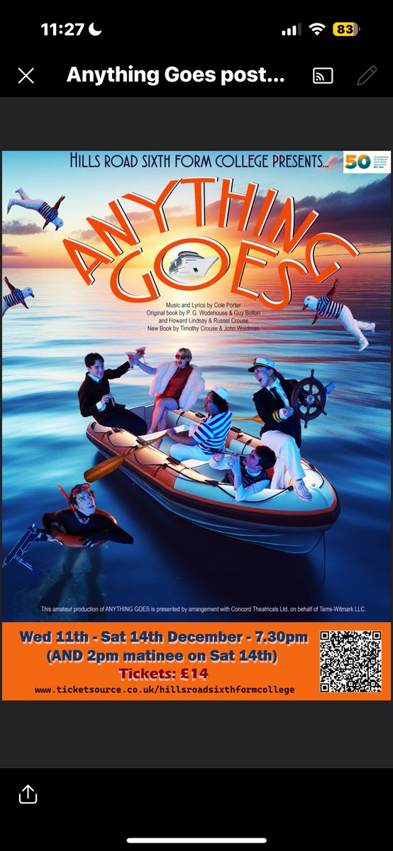 Our wonderful yr12 show… ANYTHING GOES is showing soon at the Robinson Theatre!! You don’t want to miss it 🛟🛳️

From 11th Dec to the 14th Dec! 

ticketsource.co.uk/whats-on/cambr…