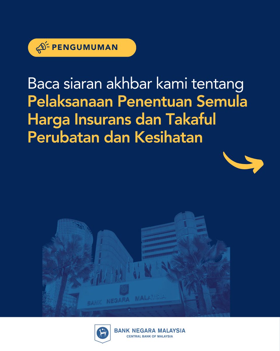 BNM_official's tweet photo. BNM peka tentang kebimbangan mengenai penentuan semula harga insurans dan takaful perubatan dan kesihatan. Kami kekal komited bagi memastikan anda terus mempunyai akses kepada produk insurans dan takaful yang bersesuaian.

Baca siaran akhbar kami melalui pautan di https://t.co/1cWP1GYcdG

#SiaranAkhbarBNM