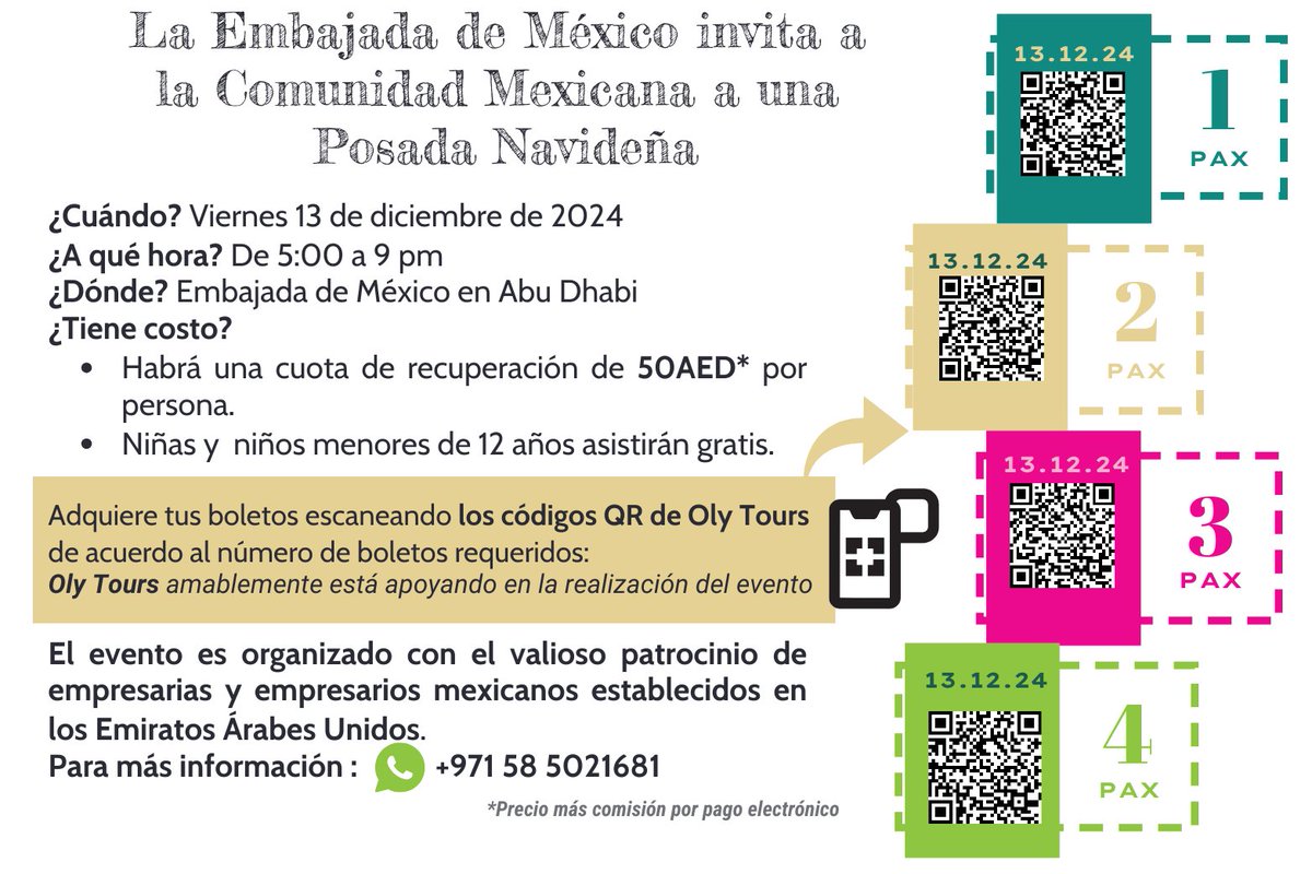 EmbaMexEAU's tweet photo. 🪅🌟A la estimada comunidad mexicana 🇲🇽 en 🇦🇪 e 🇮🇶, les extendemos la siguiente invitación a la #posadanavideña para el próximo Viernes 13 dic🌟🪅 de 5 a 9pm 🪅⌚
#fiestasnavideñas
#mexicanosenemiratos
#mexicanosenelexterior
#daledaledale https://t.co/s0U9kOIfeM