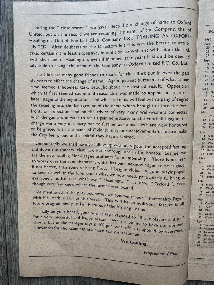 bigox_68's tweet photo. No 78 of the #90for90 tribute. Historic stuff … the first game as Oxford United. Started 3-2 win for #OUFC. Still Gold and Black kit, and interesting that the first programme only says United vs Worcester … I think the name change was still a bit sore with some.. 💛💙 (1/2) https://t.co/KTnjkD7zoS