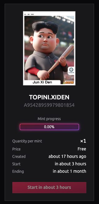 shaban_shaame's tweet photo. Meet Jun Xi Den ๐๐ฅ โ the latest satirical collectible that blends humor, art, and the power of Bitcoin tokenization.
๐ก Ready to mint your piece of history?
๐ Head to ORBital market in few hours to claim yours before itโs gone!
They are minting super fast
๐ Why Mint #TOPINI?
1๏ธโฃ Itโs the first collection using Fair Minting on Bitcoin.
2๏ธโฃ A bold mix of satire and blockchain innovation.
3๏ธโฃ A celebration of creativity, for pioneers like YOU.
4โฃ It's free !
These cards arenโt just collectibles โ theyโre snapshots of a new era on Bitcoin.
โฐ Donโt miss โ Jun Xi Den is going live soon, but supply is limited!
Mint it here: https://t.co/QBd5fzKwtZ
Be part of the movement. Be part of history. ๐
#Bitcoin #NFTs #Collectibles #BlockchainArt #OrbitalMarket