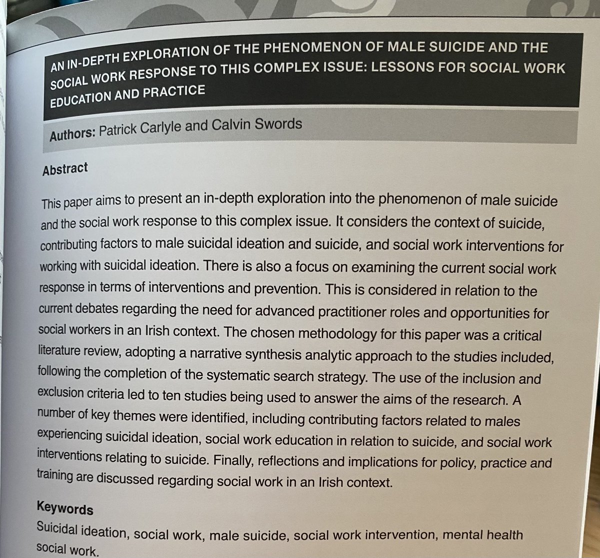 Kerry Cuskelly (@cuskellk) on Twitter photo Delighted to receive the <a href="/IASW_IRL/">IASW</a> The Irish Social Worker and to see an article from <a href="/ExchangeHouseIr/">ExchangeHouseIreland</a> team member in it! Patrick Carlyle shows #PractitionerResearch in action with co-author <a href="/SwordsCalvin/">Calvin Swords</a>, about the complex topic of #malesuicide + the #socialwork response to this Delighted to receive the <a href="/IASW_IRL/">IASW</a> The Irish Social Worker and to see an article from <a href="/ExchangeHouseIr/">ExchangeHouseIreland</a> team member in it! Patrick Carlyle shows #PractitionerResearch in action with co-author <a href="/SwordsCalvin/">Calvin Swords</a>, about the complex topic of #malesuicide + the #socialwork response to this