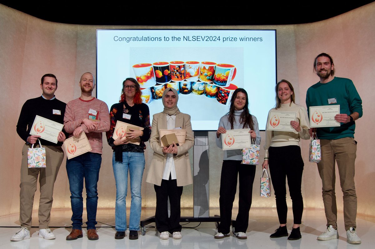 Sneak peak on the photo's of #NLSEV2024! 
A stage full of EV-enthusiasts in The Netherlands &amp; this year's abstract, oral, and poster prize winners! Congrats to all!