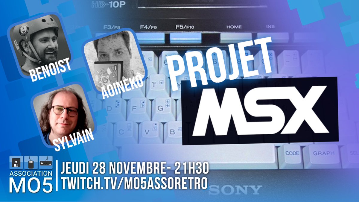 Rejoignez-nous ce Jeudi à 21H30 sur notre chaîne Twitch pour un live Projet MSX avec la suite du développement de «Room5», jeu MSX réalisé en direct par nos membres👾
Instructif et didactique, ça se passe sur twitch.tv/mo5assoretro