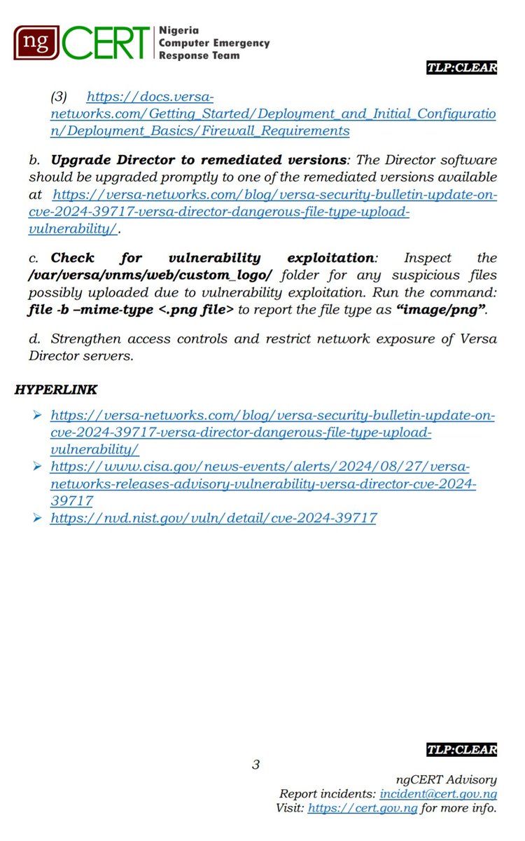 [ADVISORY]: VULNERABILITY IN VERSA DIRECTOR SERVERS

ngCERT is aware of a critical zero-day vulnerability affecting all Versa 
Director, a widely used network management platform.