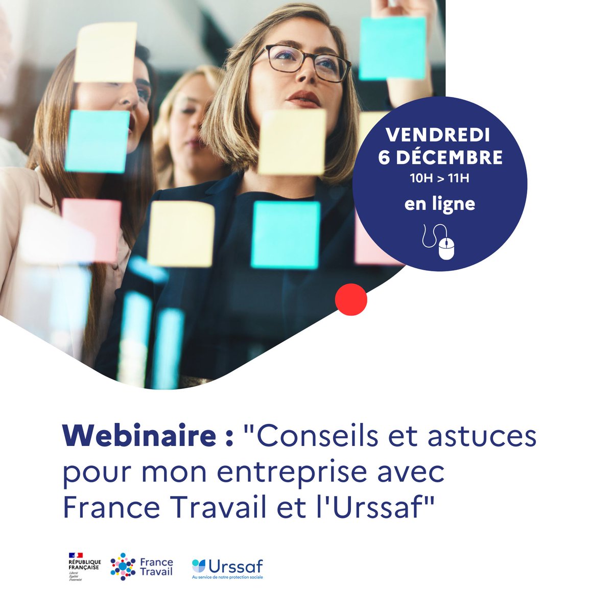 FTravail_NA's tweet photo. Créateur ou futur créateur d’entreprise ? 🚀

Participez au webinaire « Conseils &amp; Astuces pour mon entreprise » avec @FranceTravail et @Urssaf, le vendredi 6 décembre à 10h00 ! 🔔

Inscrivez-vous ⏩ https://t.co/lbUrLM1oUk https://t.co/zTKbU8t4v2