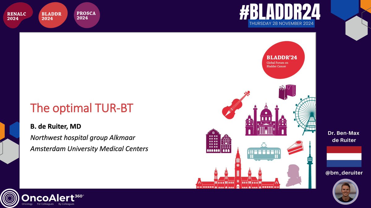 OncoAlert's tweet photo. Day Two of #BLADDR24
Presenter: Dr Ben-Max de Ruiter 
Practical surgical questions
The optimal TURBT 

"The Optimal TURBT" (Transurethral Resection of Bladder Tumor) outlines essential strategies for achieving accurate pathological diagnosis, staging, and complete removal of visible lesions in TaT1 bladder cancer (BC). It highlights the importance of surgical checklists to ensure thoroughness and safety. When possible, using imaging-enhancing techniques like Photodynamic Diagnosis (PDD) or Narrow Band Imaging (NBI) is recommended for better visualization. For tumors ≤3 cm, the aim should be to perform an en bloc resection to ensure clean margins. Additionally, all Ta cases should receive a single postoperative instillation to reduce recurrence risk. 

@UrsulaVogl
@PGrivasMDPhD
@achoud72
@ZilliThomas
@fabioturco92
@nataliagandur
@yekeduz_emre
@bavilima
@niklas_kluemper
@DrYukselUrun
@mirrorsmed
@bkonety
@evacomperat
@Achard_Verane
@daandm
@mdesantis234
@KilianGust
@bkonety
@CLebacle
@LAUrology_NL
@Renate_Pichler
@DanieleRaggi83
@CelenaBergdahl
@bm_deruiter