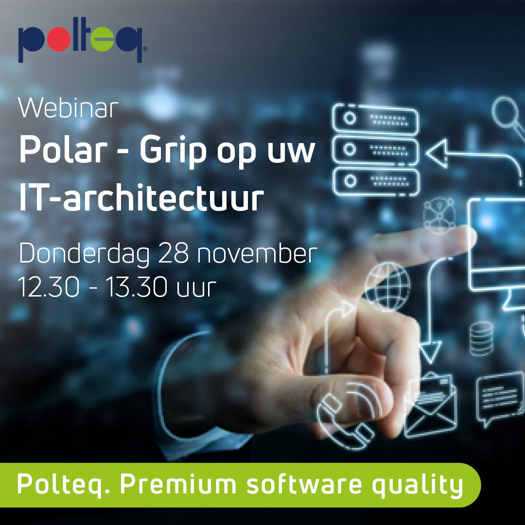 𝗡𝗶𝗲𝘁 𝘃𝗲𝗿𝗴𝗲𝘁𝗲𝗻!

Vandaag om 12.30 uur organiseren we het webinar:
'POLAR – Grip op uw IT-Architectuur'. 

Lees meer over dit webinar op onze website: loom.ly/-F9lJHg
Mis het niet, je kunt je nog steeds registreren om deel te nemen.

#Polar #Polteq #Webinar