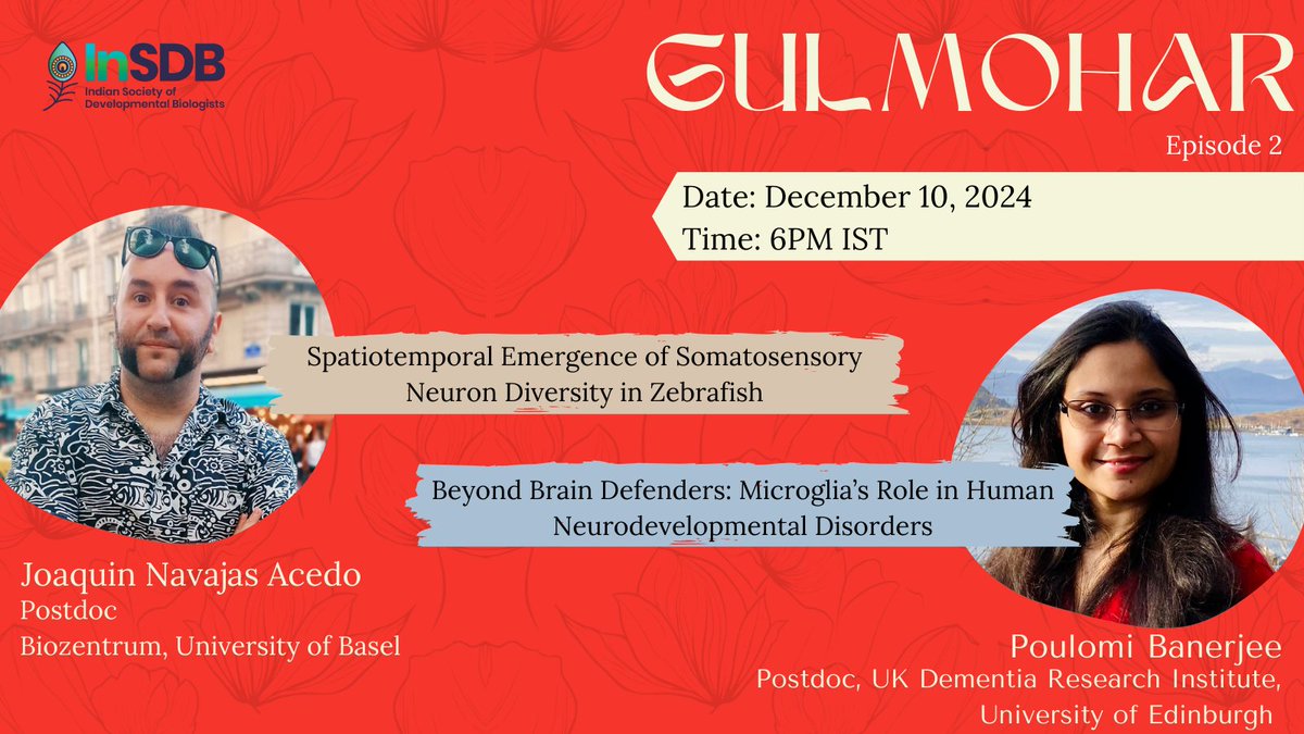 Indian Society of Developmental Biologists (@insdb_79) on Twitter photo We are back with a new set of Gulmohar talks for the next month!
This time, we have <a href="/MadS100tist/">MadScientist</a> and <a href="/DrPoulomiB/">Poulomi Banerjee</a> share their work.
If you would like to attend, please fill out this form and we'll share the Zoom link.
forms.gle/WonD85ZvxUi5M7ā¦
šļøDecember 10
ā°6 PM IST We are back with a new set of Gulmohar talks for the next month!
This time, we have <a href="/MadS100tist/">MadScientist</a> and <a href="/DrPoulomiB/">Poulomi Banerjee</a> share their work.
If you would like to attend, please fill out this form and we'll share the Zoom link.
forms.gle/WonD85ZvxUi5M7ā¦
šļøDecember 10
ā°6 PM IST