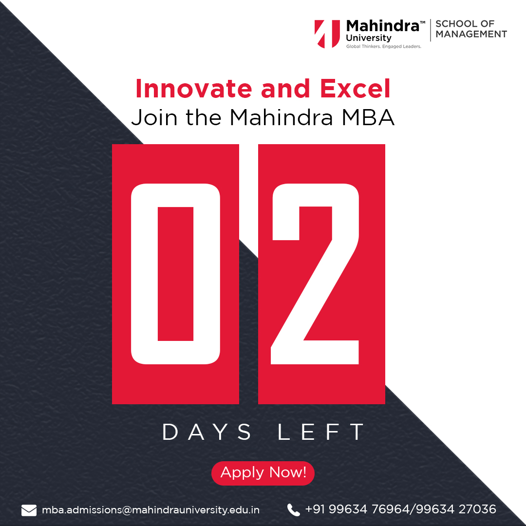 Only 2 Days Left for the Round 1 Application Deadline!
Join the prestigious <a href="/MahindraUni/">Mahindra University</a>  School of Management and embark on a life-changing MBA journey that equips you to excel in a competitive world.

👉 Apply now bit.ly/3BWpnyo

#Success #MBA2025 #mba #mbalife