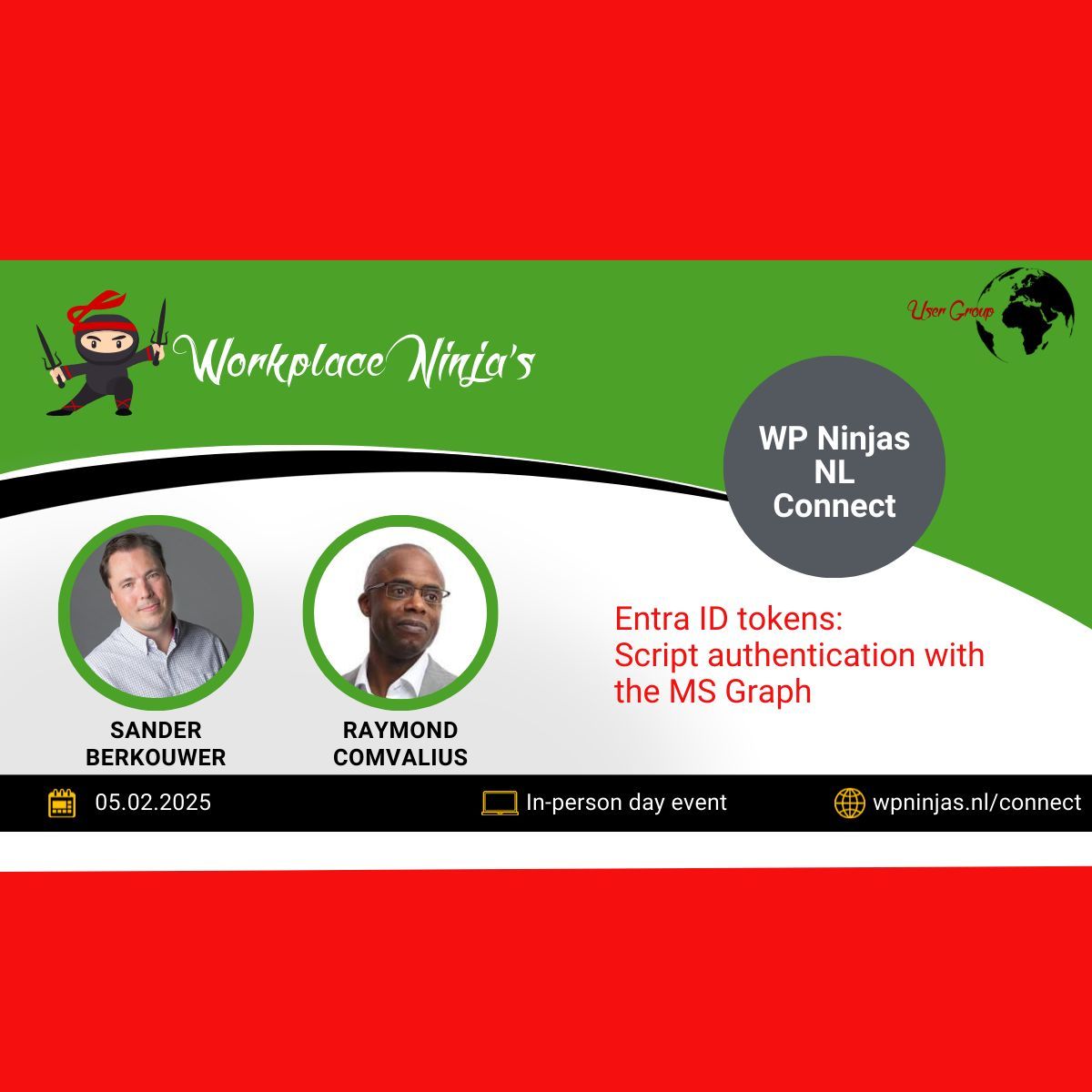 WP Ninjas User Group NL (@wpninjasnl) on Twitter photo WP Connect Speaker update: <a href="/SanderBerkouwer/">Sander Berkouwer</a> en <a href="/nextxpert/">Raymond Comvalius</a>
With their session about Entra ID tokens Script authentication with the MS Graph it couldn't be anything else than a deep dive session into token and automation.
WP Connect info: buff.ly/4fHGe78 WP Connect Speaker update: <a href="/SanderBerkouwer/">Sander Berkouwer</a> en <a href="/nextxpert/">Raymond Comvalius</a>
With their session about Entra ID tokens Script authentication with the MS Graph it couldn't be anything else than a deep dive session into token and automation.
WP Connect info: buff.ly/4fHGe78