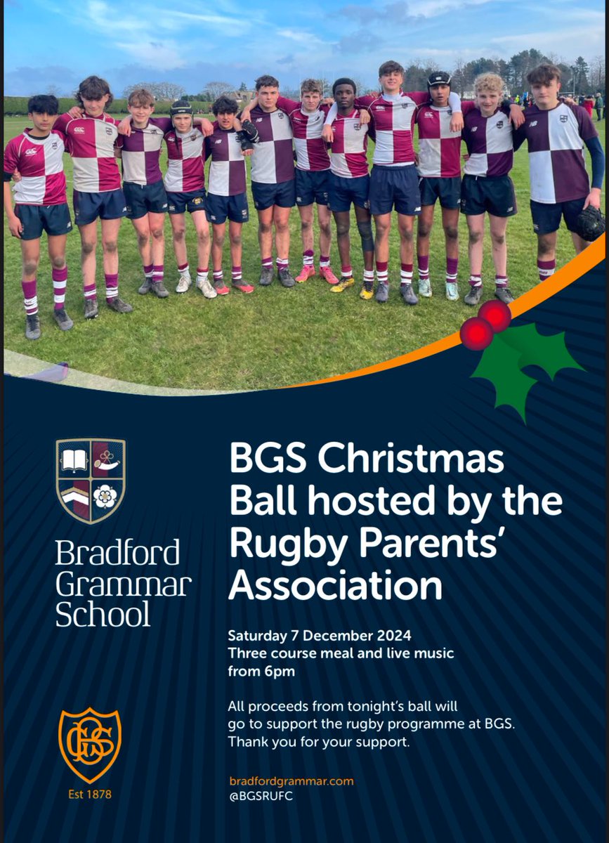 We look forward to the Christmas Ball hosted by the #RPA 🏉 <a href="/BradfordGrammar/">Bradford Grammar</a> Sat 7th Dec.
🎵 by #MelodyReed, our very own <a href="/BGSmusicdept/">BGS Music</a> Concert Band and the #Funklockers 💃🕺.
Live Auction, Sing-a-Long, Balloon Pop and more throughout the evening! #makingmemories #BGSFamily