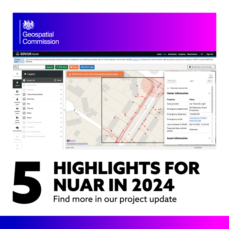 GeospatialC's tweet photo. The National Underground Asset Register (NUAR) is on track to deliver over £400 million per year of value for the UK.

Our annual project update covers progress over the last 12 months and plans for the future.

Find out more by clicking the images:👇