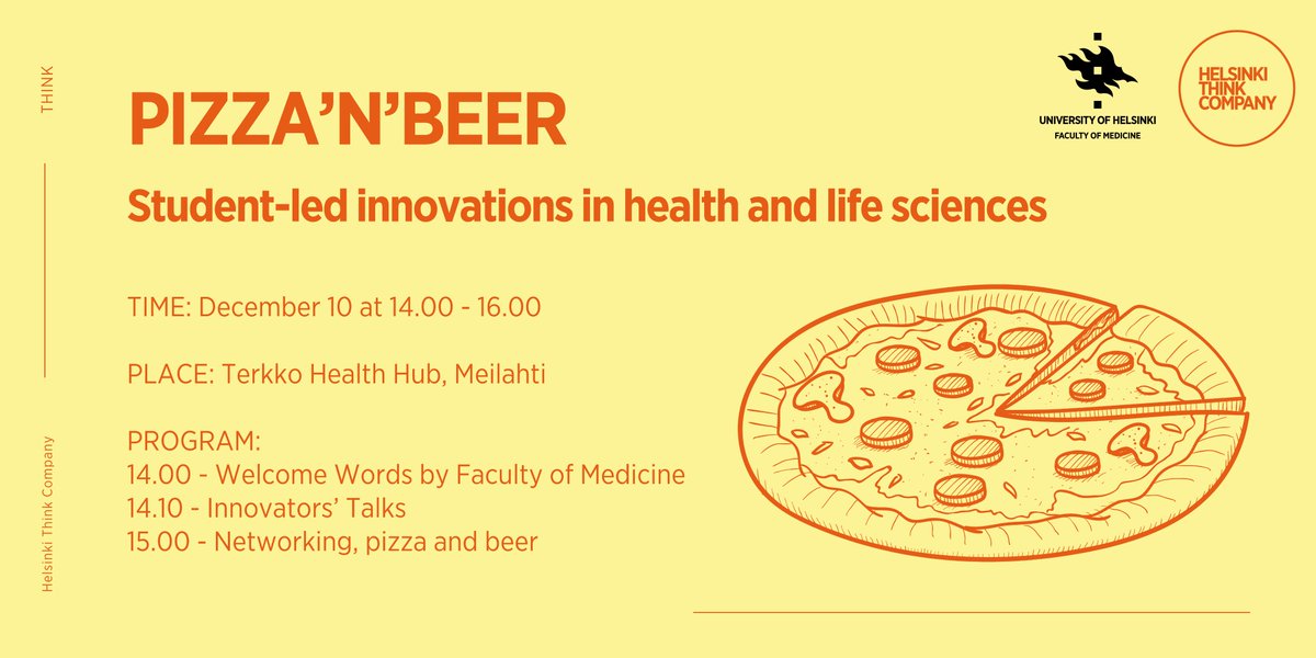 Helsinki Think Company (@helsinkithinkco) on Twitter photo Students at <a href="/helsinkiuni/">University of Helsinki</a>: welcome to network with student-innovators in #health and #lifesciences! Grab your pizza and a drink and learn about #innovation journeys 🧬
📍Tuesday December 10, 14-16
📍<a href="/terkko/">Terkko Health Hub</a>
Powered by <a href="/HelsinkiUniMed/">Medicine and Health, University of Helsinki</a> ❣️
🍕Register here: eventbrite.fi/e/pizzanbeer-s… Students at <a href="/helsinkiuni/">University of Helsinki</a>: welcome to network with student-innovators in #health and #lifesciences! Grab your pizza and a drink and learn about #innovation journeys 🧬
📍Tuesday December 10, 14-16
📍<a href="/terkko/">Terkko Health Hub</a>
Powered by <a href="/HelsinkiUniMed/">Medicine and Health, University of Helsinki</a> ❣️
🍕Register here: eventbrite.fi/e/pizzanbeer-s…