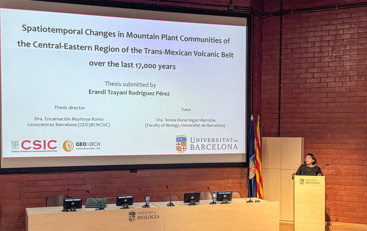 GEO3BCN_CSIC's tweet photo. ¡Enhorabuena, doctora! 🎓
Erandi Rodríguez Pérez defendió con éxito su tesis doctoral sobre los cambios espacio-temporales en comunidades vegetales de montaña del Eje Volcánico Transmexicano en los últimos 17.000 años.

¡Te deseamos lo mejor en esta nueva etapa! 👏 https://t.co/dIkHqL01M2