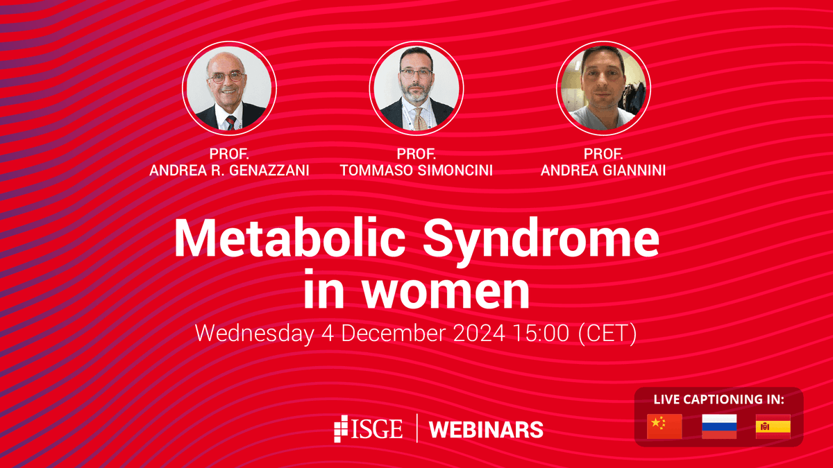 #ISGEwebinar
Join us for the upcoming webinar "Metabolic Syndrome in women"
📆 Wednesday 4 December
🕒 3:00pm CET
🎤 Prof. Andrea Genazzani, Prof. Tommaso Simoncini, Prof. Andrea Giannini
Registration:
events.zoom.us/ev/AnvUqEWZkSD…