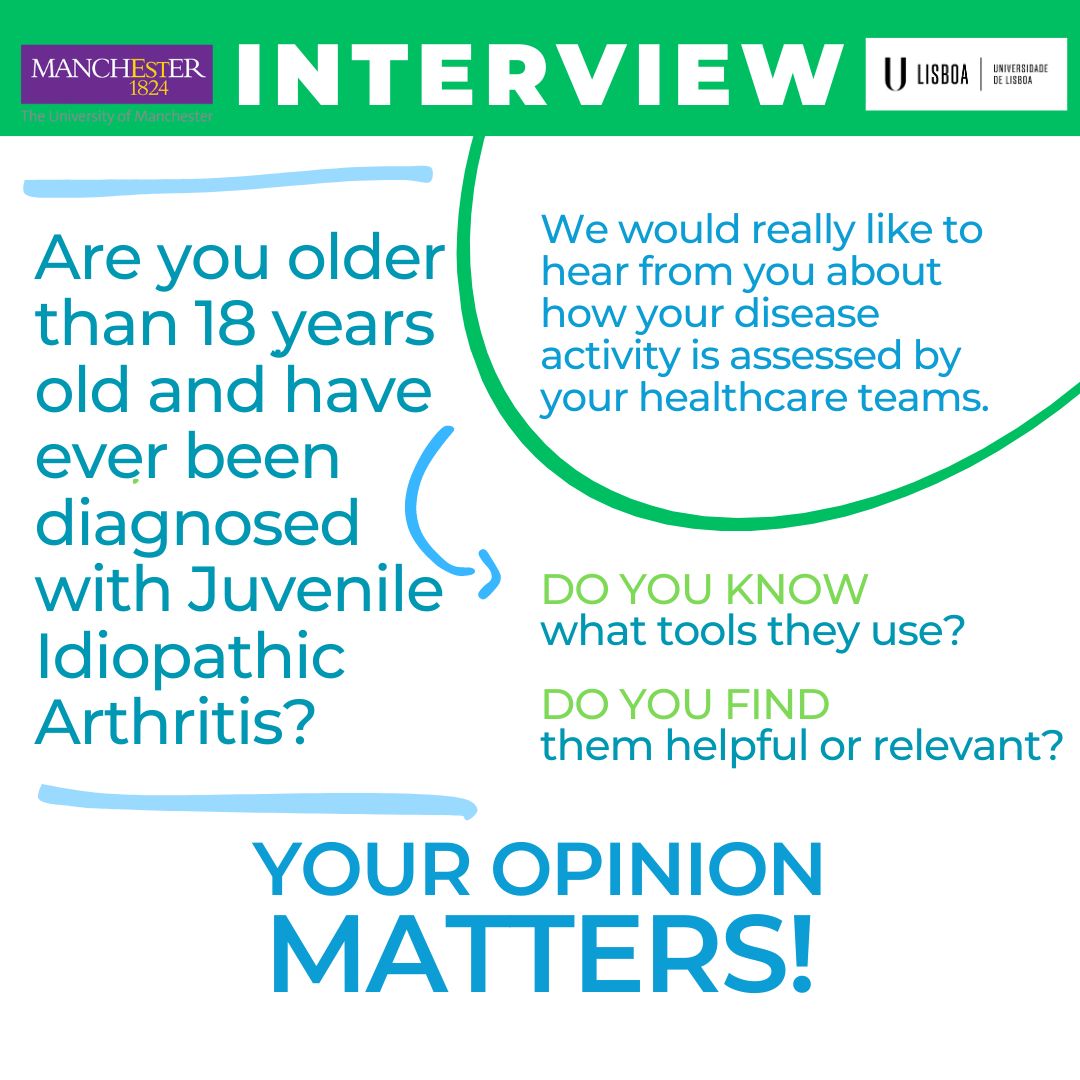 📣 Are you &gt;18 years old and have ever been diagnosed with Juvenile Idiopathic Arthritis?

👉 We would really like to hear from you about how your disease activity is assessed by your healthcare teams!

💻 Register your interest for a &lt;1-hour interview: qualtrics.manchester.ac.uk/jfe/form/SV_3k…
