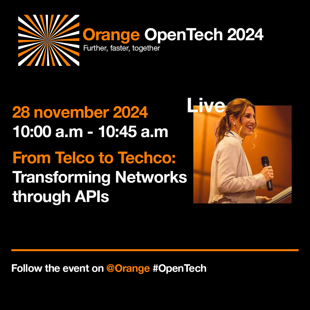 orangebusiness's tweet image. #OpenTech The keynote "From Telco to Techco: Transforming Networks through API's" starts now 🔥 Watch it on live on linkedin ➡️ linkedin.com/events/network…