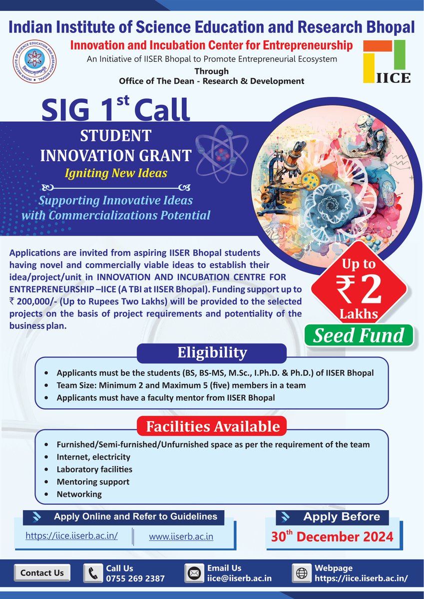 IISER Bhopal announces 1st SIG Call to support budding innovators....
Lets innovate and create value ......

<a href="/dasgobardhan/">Gobardhan Das, Immunologist</a> <a href="/iiserbhopal/">IISER Bhopal</a> <a href="/bwajtweeting/">Bharathwaj Sathyamoorthy</a> <a href="/Ajit_IISER/">ajit chande</a> <a href="/chm_iiserb/">Dept of Chemistry, IISER Bhopal</a>