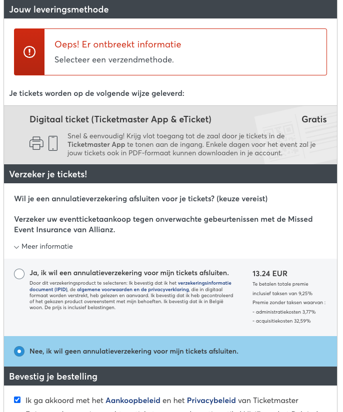 Focaldesign's tweet photo. @Ticketmaster_NL 
Tickets GMM kunnen niet besteld worden. Ik kan geen verzendmethode kiezen?! https://t.co/tCwVSSk8fo