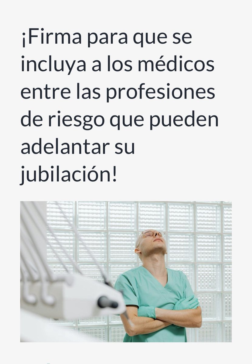 MUDmedicos's tweet photo. ¡Firma para que se incluya a los médicos entre las profesiones de riesgo que pueden adelantar su jubilación!.

AQUÍ ➡️ https://t.co/KNsTTZchkw

Hay varias razones para exigir la inclusión entre las profesiones de riesgo:

✔️ Los profesionales de la medicina están expuestos en su día a día a todo tipo de enfermedades por la naturaleza de su actividad.

✔️ Los médicos son sometidos a una extraordinaria sobrecarga laboral por la carga asistencial.

✔️ El profesional trabaja 6 años más de media que cualquier otro por las guardias.

Y un largo etcétera…