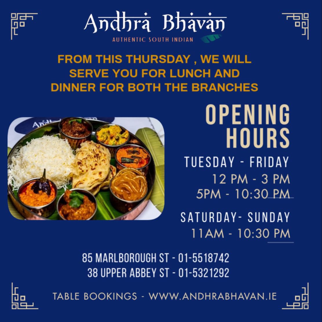 Andhra Bhavan Ireland (@andhrabhavanire) on Twitter photo From today, <a href="/AndhraBhavanIre/">Andhra Bhavan Ireland</a> will be serving lunch and dinner in both our branches. Try something truly authentic from South India in Dublin. #andhrabhavan #lunch #dinner #authentic #southindianfood From today, <a href="/AndhraBhavanIre/">Andhra Bhavan Ireland</a> will be serving lunch and dinner in both our branches. Try something truly authentic from South India in Dublin. #andhrabhavan #lunch #dinner #authentic #southindianfood