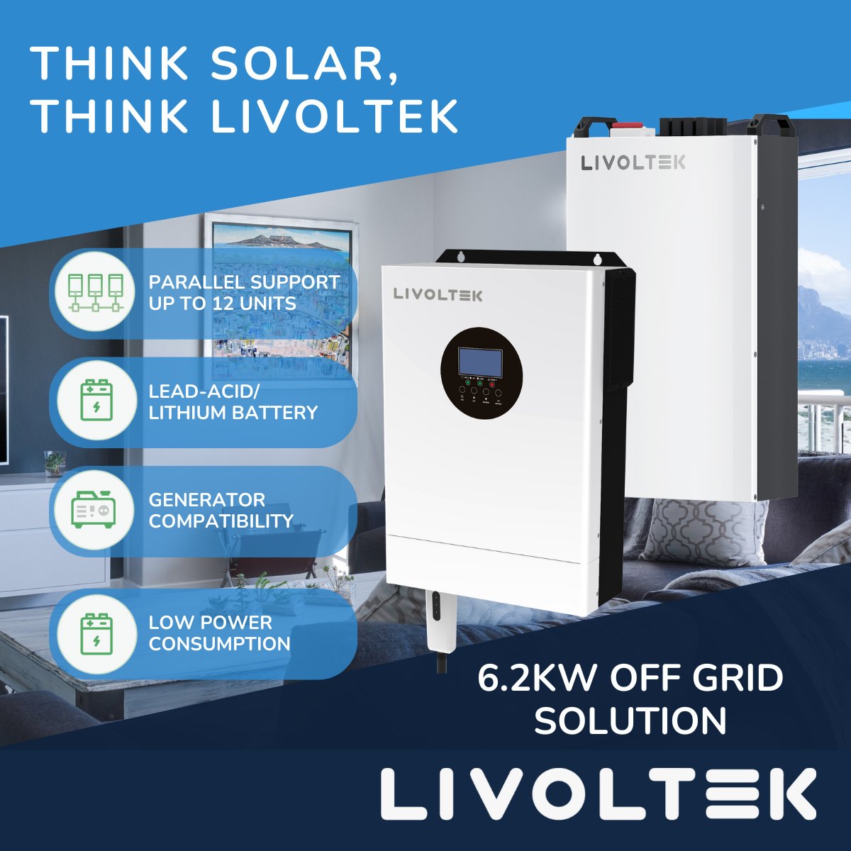 LivoltekSA's tweet photo. Power up with the LIVOLTEK 6.2kW Hybrid Inverter! ⚡
🔹 Energy Efficient: Save more with low power consumption.
🔹 Generator-Compatible: Stay powered during outages.
Reliable, efficient, and ready for anything. 💡 #SmartEnergy #PowerBackup #HybridInverter https://t.co/nQM5Da9B87