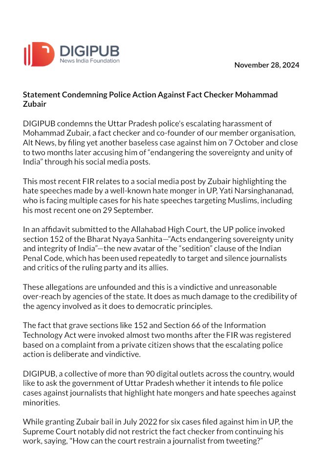 DigipubIndia's tweet image. DIGIPUB’s Statement Condemning Police Action Against Fact Checker Mohammad Zubair