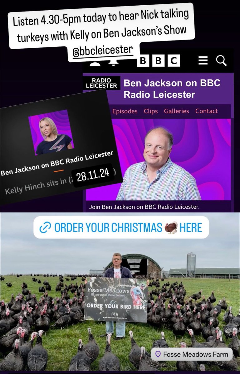FosseMeadows's tweet photo. Listen in to Kelly (in for #benjackson) on @BBCLeicester 4.30pm - 5pm TODAY!
Nick will be talking on the farm about our bronze free-range #Christmasturkeys along with our highly recommended 81 day+ slow grown chicken/cockerel, (since 2009)! @LiveFrankly
https://t.co/EjVTgOWA4T https://t.co/IIsSHYS485