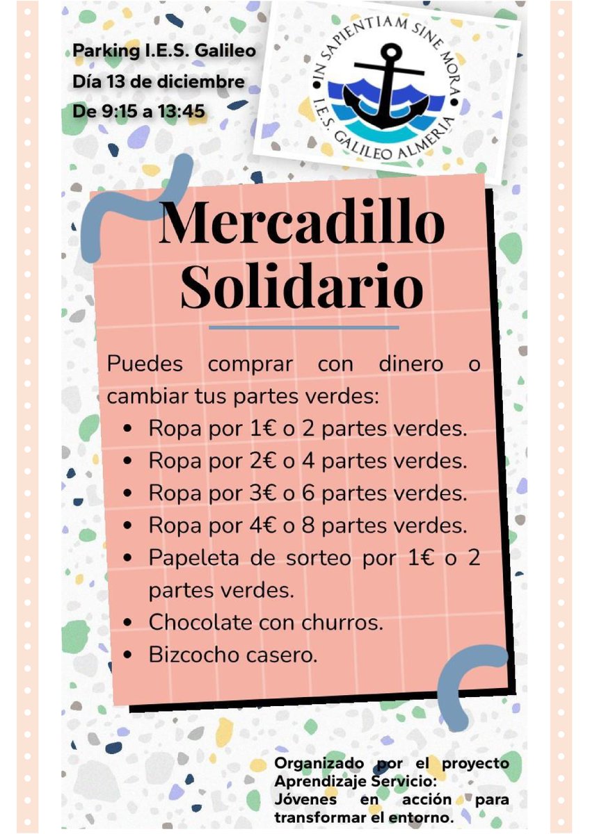 El viernes 13 de diciembre vamos a celebrar en el parking de nuestro centro un mercadillo solidario.
Habrá venta de ropa de 1€, 2€, 3€ y 4€. Y también venta de churros, chocolate y bizcocho.
¡ Animamos a todas las familias y alumnado que se acerque al centro a participar!
