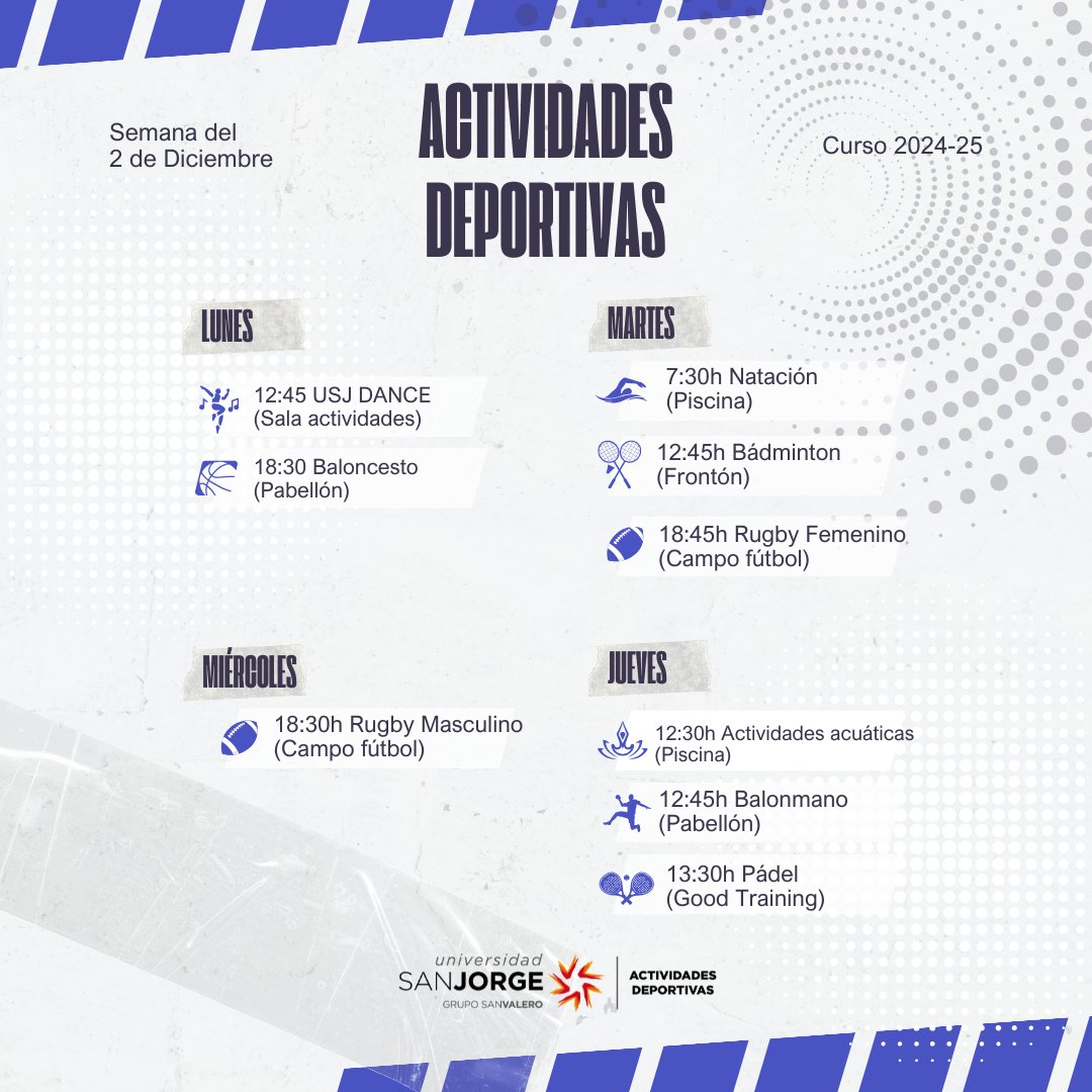 Una semana más tenéis nuestra propuesta de actividades deportivas del 2 al 5 de diciembre ya disponible.
Además éste miércoles os invitamos a venir a animar a nuestra sección de balonmano 
18:15 🤾🏻‍♀️
20:15 🤾🏼
#balonmanousj
#DeporteEsSalud