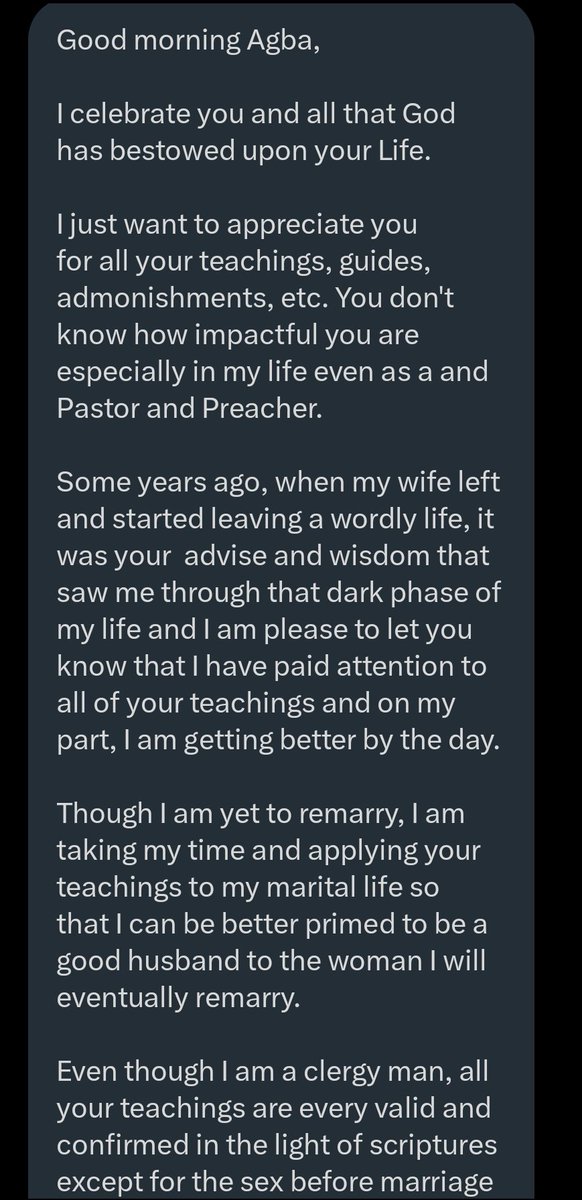 jon_d_doe's tweet photo. Thank you for your DM, pastor.

I've a question for everyone that'll read this DM.

If you were of the school of thought &amp; follow the scriptures of "no sex before marriage".

Then you unfortunately divorce. Will you go back to no sex before another marriage?

Please read 👇. https://t.co/9KYv3Kl0im