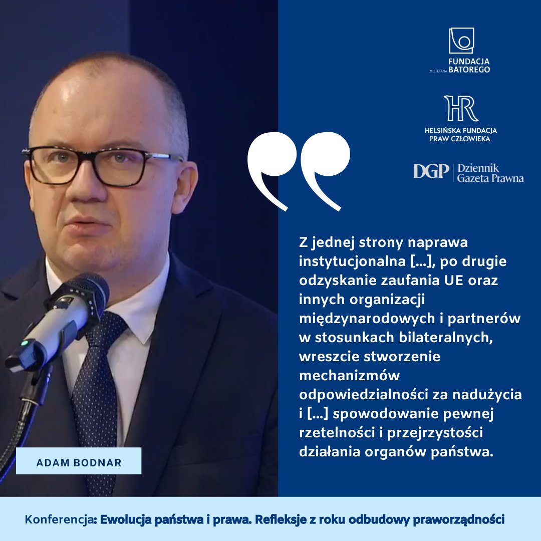 Oglądajcie konferencję "Ewolucja państwa i prawa. Refleksje z roku odbudowy praworządności": facebook.com/FundacjaBatore…

Jakie były główne cele odbudowywania praworządności? Mówi <a href="/Adbodnar/">Adam Bodnar</a> 👇