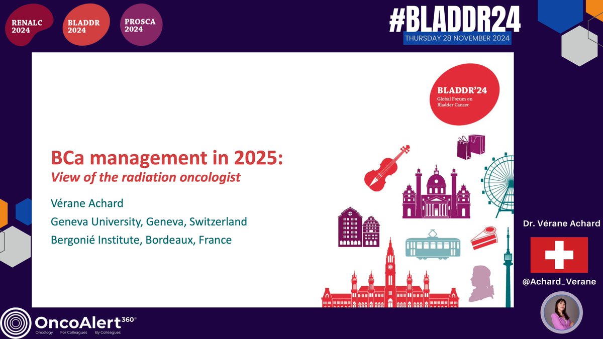 OncoAlert's tweet photo. Day Two of #BLADDR24
Presenter: Dr Vérane Achard 
Looking ahead: BCa management in 2025
View of the radiation oncologist

Argues that Radiotherapy is no longer just an alternative to surgery but a key component, with advancements in technology significantly enhancing its precision and effectiveness. In advanced bladder cancer, RT may also play a role in consolidating the effects of immunotherapy. Moreover, the presentation calls for a re-evaluation of RT in the management of non-muscle-invasive bladder cancer (NMIBC), challenging traditional beliefs and encouraging its potential use in this earlier-stage disease. 

@UrsulaVogl
@PGrivasMDPhD
@achoud72
@ZilliThomas
@fabioturco92
@nataliagandur
@yekeduz_emre
@bavilima
@niklas_kluemper
@DrYukselUrun
@mirrorsmed
@bkonety
@evacomperat
@Achard_Verane
@daandm
@mdesantis234
@KilianGust
@bkonety
@CLebacle
@LAUrology_NL
@Renate_Pichler
@DanieleRaggi83
@CelenaBergdahl
@bm_deruiter