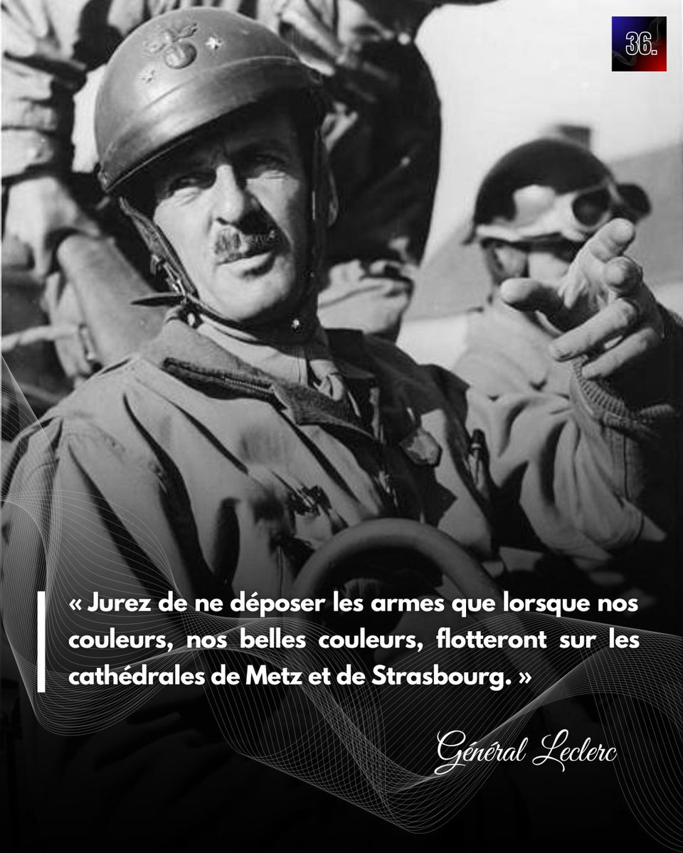 36_qdo's tweet photo. « Jurez de ne déposer les armes que lorsque nos couleurs, nos belles couleurs, flotteront sur les cathédrales de Metz et de Strasbourg. »

Hommage au général Philippe Leclerc de Hauteclocque, mort dans un accident d'avion le 28 novembre 1947.

(© Archives) https://t.co/YBbyQzcqzr