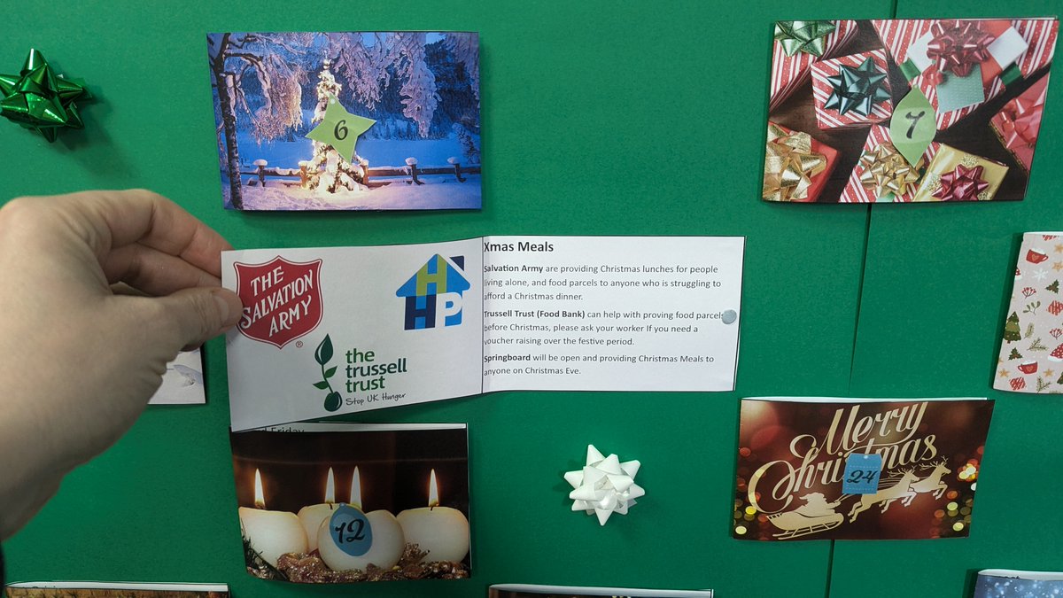If you're coming into our #Harrogate hub throughout December, please open up an advent door. We know that this winter period can be tough for a lot of people, so we have put together support available for you.

#Christmas #Winter #Helplines #SupportServices #TreatmentHub #Advent