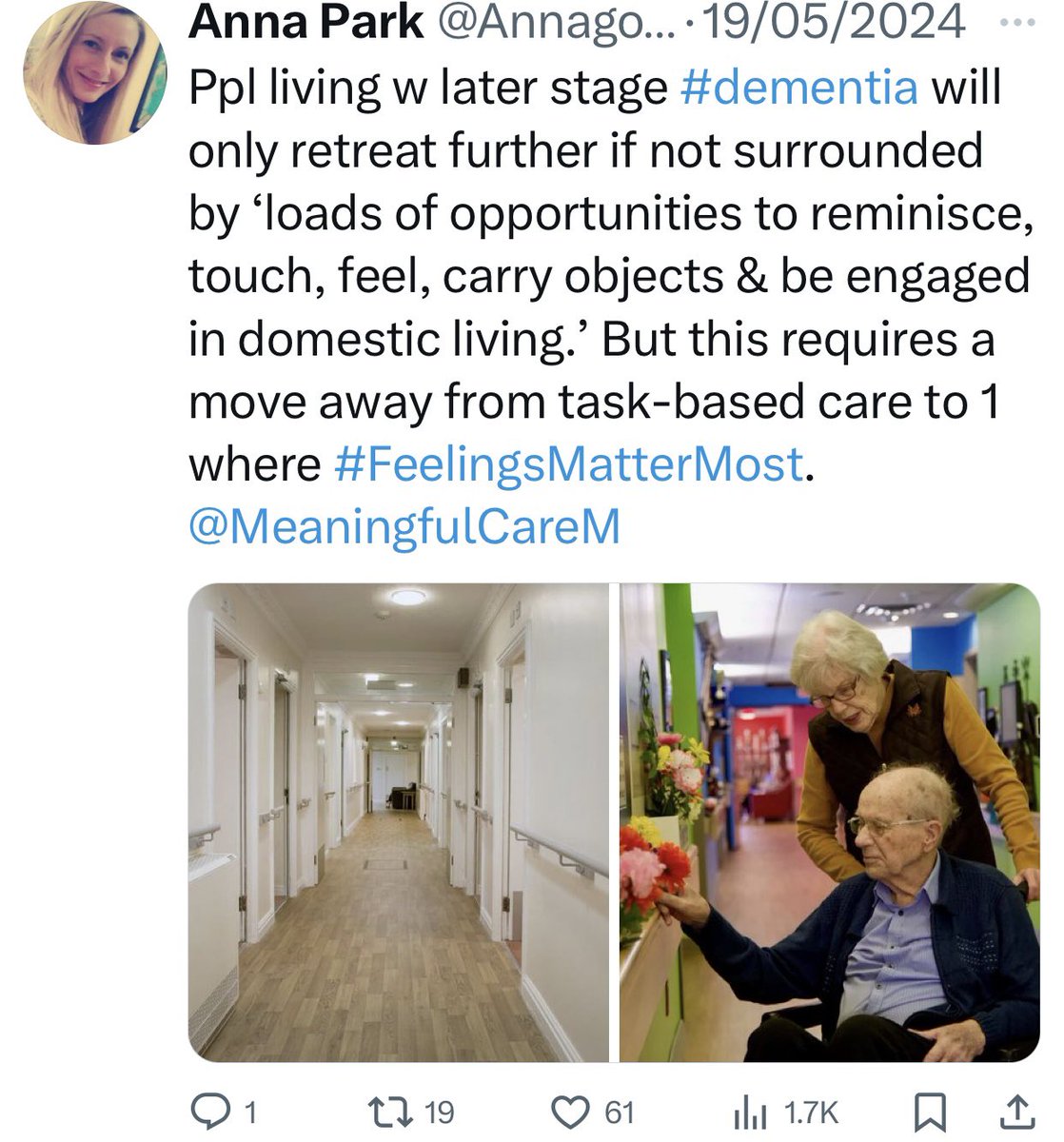 Annagoge's tweet photo. @stepchgdesign @HC_One Yes I agree I’d avoid confusing #murals, fake bookcases &amp; baskets of plastic fruit but I think there’s a need for more colour, interest &amp; occupational objects than a domestic setting for #PLWD. #Care homes are so often a series of bland institutional corridors otherwise. https://t.co/0HICPUkhhQ