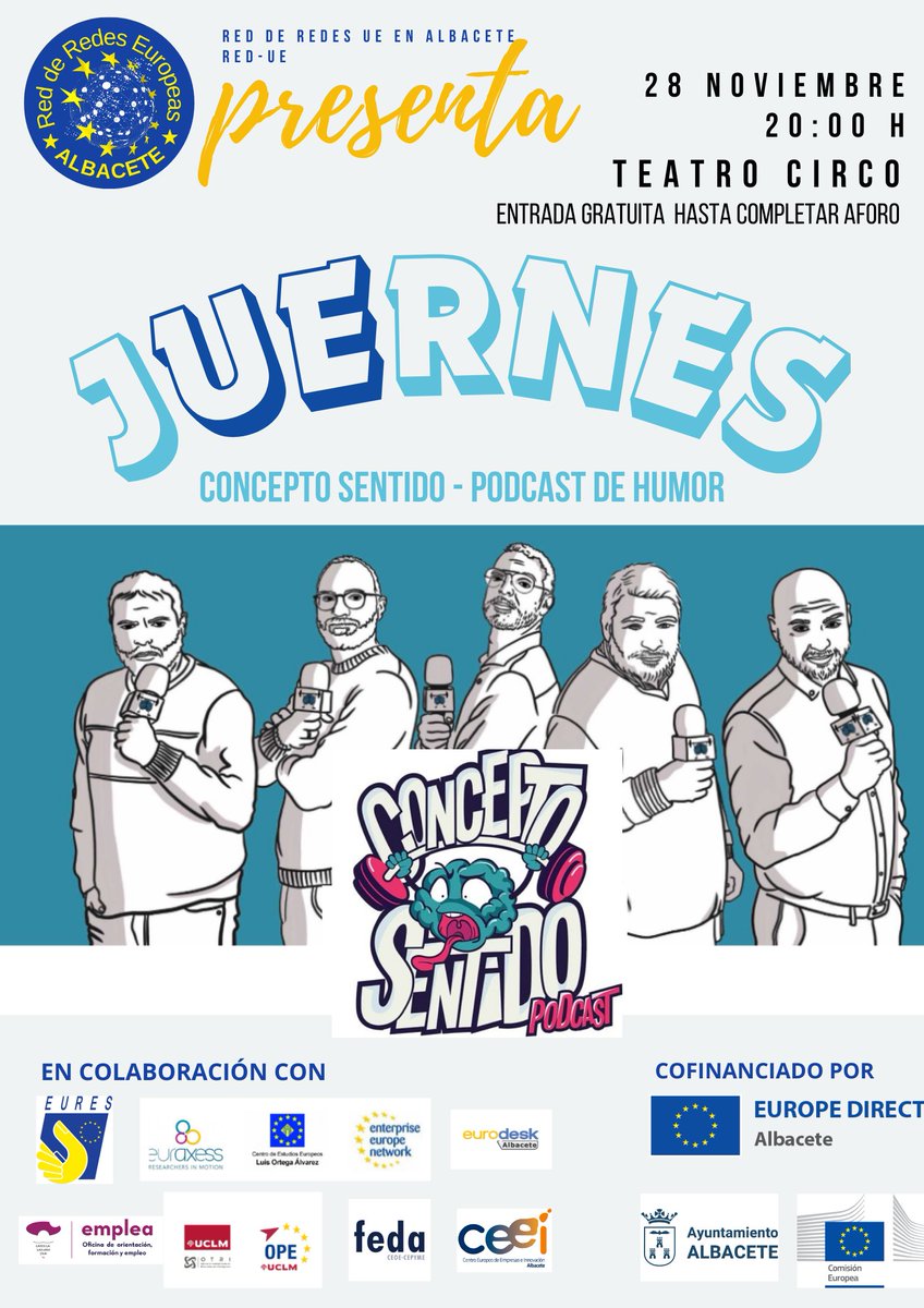 EuresSpain's tweet photo. No olvides que hoy #Juernes a las 20:00 #REDUE te invita al directo de @podcastsentido, tomando #Europa como concepto, y con el mejor humor albaceteño😜🎙️
Lamentablemente, el aforo está completo para verlo en directo, pero podréis seguirlo en streaming ☺️👍 https://t.co/Rq9AoyylBA