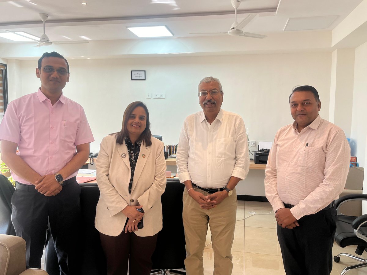 (L to R): CA Bhavin Doshi, Member, Rajkot Branch, ICAI; CA Kemisha Soni, Chair, CPGFM; Mr. Himanshu Dharmadarshi, DG, iCAL; CA Mitul Mehta, Chair, Rajkot Branch, ICAI discussing ways to propagate Certificate Courses on Panchayats &amp; MBs alongwith Training for Panchayat officials