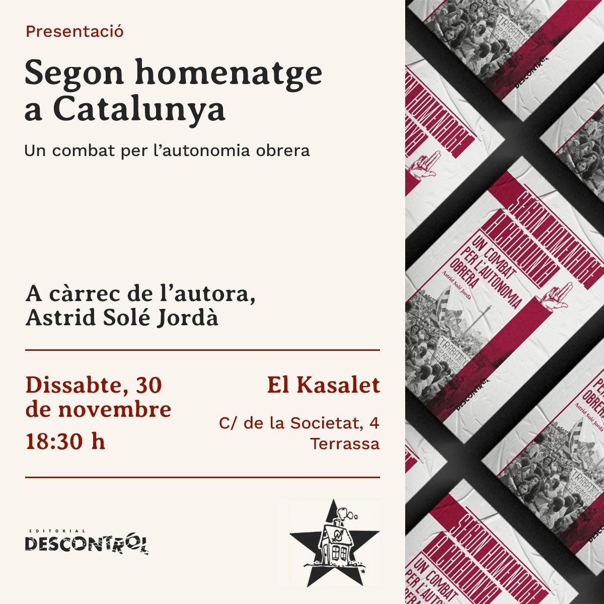 El_Kasalet's tweet photo. Cap de setmana farcit d'activitats al #Kasalet de #Terrassa.
➡️Divendres 29N
#FestonaPicarona #Dragking (#NoMixta)
➡️Dissabte 30N
presentació del llibre #2onHomenatgeACatalunya amb l'autora #AstridSoler i @DescontrolEd
➡️Diumenge 1D
Tarda de jocs i taller de fotografia https://t.co/Seqm4bHVce