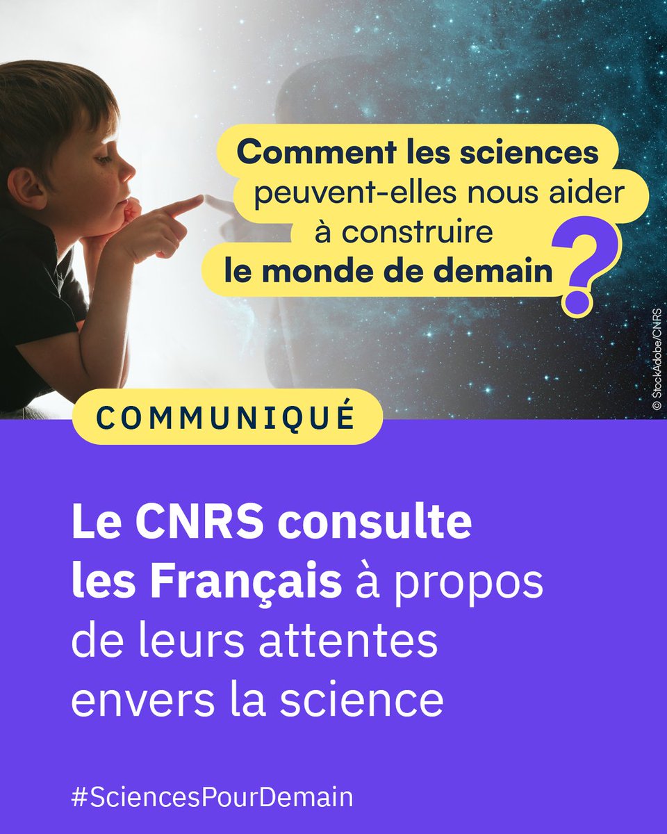 Jusqu’au 31 janvier 2025, le <a href="/CNRS/">CNRS 🌍</a> invite le public à participer à une grande consultation nationale en partenariat avec <a href="/Make_org/">Make.org</a>. 
Cette initiative inédite vise à recueillir les attentes des Français en matière de sciences.
👉 make.org/FR/consultatio…
#SciencesPourDemain