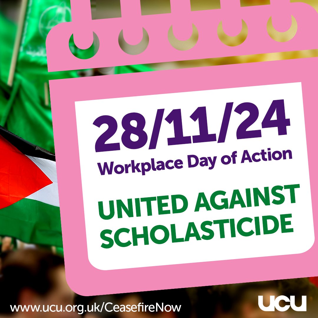 UCU (@ucu) on Twitter photo Today is Workplace Day of Action ⏰ #Workplaces4Palestine
Get involved ✊ Organise:
👉 a lunchtime walkout
👉 use our print outs
👉 gather outside your workplace for a photo, share on social media. Tag - <a href="/ucu/">UCU</a>, <a href="/STWuk/">Stop the War</a>, <a href="/PSCupdates/">Palestine Solidarity Campaign</a>, <a href="/UCW4Pal/">University & College Workers for Palestine</a>, <a href="/fobzu/">Fobzu</a>
More info 👉 Today is Workplace Day of Action ⏰ #Workplaces4Palestine
Get involved ✊ Organise:
👉 a lunchtime walkout
👉 use our print outs
👉 gather outside your workplace for a photo, share on social media. Tag - <a href="/ucu/">UCU</a>, <a href="/STWuk/">Stop the War</a>, <a href="/PSCupdates/">Palestine Solidarity Campaign</a>, <a href="/UCW4Pal/">University & College Workers for Palestine</a>, <a href="/fobzu/">Fobzu</a>
More info 👉