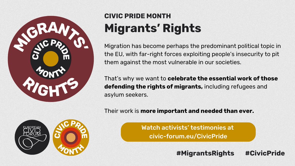Our final #CivicPride Month movement is #MigrantsRights!

We want to celebrate the essential work of those defending the rights of migrants, including refugees and asylum seekers. 👏

civic-forum.eu/civic-pride-mo…